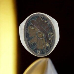 Vintage Ring Pre-Columbian Figure Inset Sterling Silver Mexico